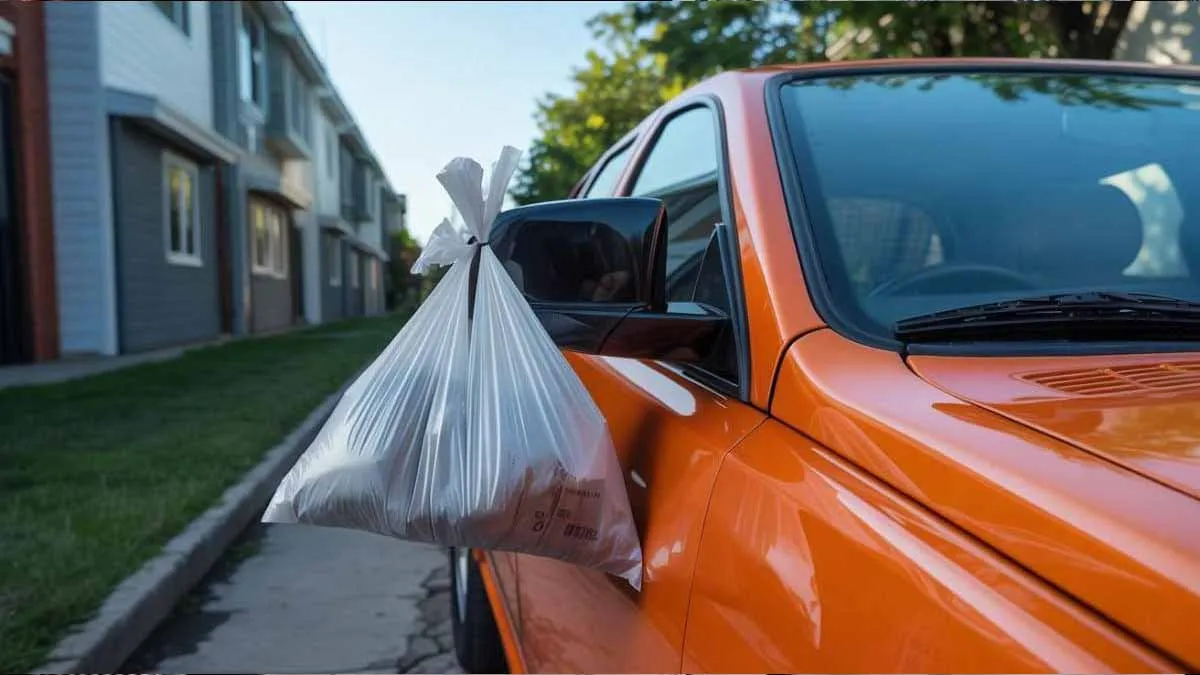 Plastiktüte am Außenspiegel: eine versteckte Botschaft im städtischen Raum